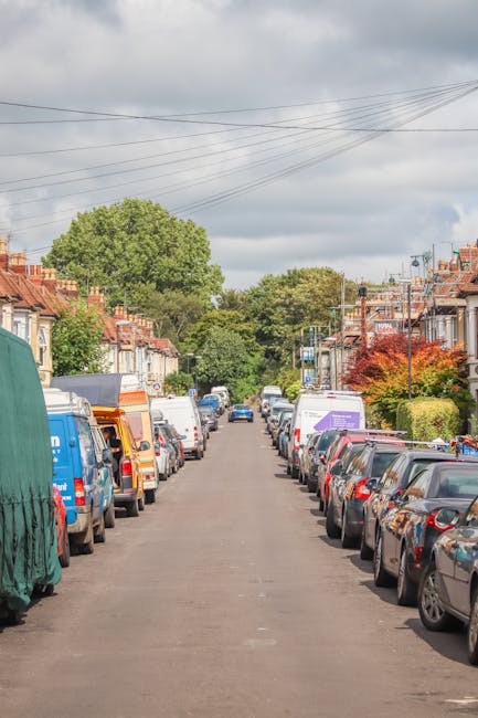 A quiet residential street in daylight with a clear blue sky, lined with greenery including trees and well-maintained hedges on both sides. The pavement is wide with a single lane for vehicles, and there are traditional-style houses with pitched roofs partially visible behind the hedges and fences. A streetlight stands on the left side, casting shadows on the roadway. The scene provides a calm backdrop typical of a suburban area suitable for house removals or home relocation services, with no vehicles or people present in the image at this time.